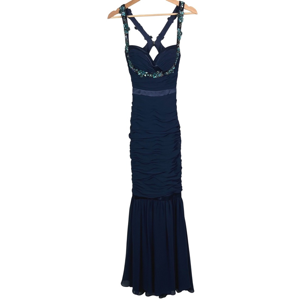 Faviana Couture Navy Blue Ruched Mermaid Prom Dress Beaded Sequin Size 2 Gown